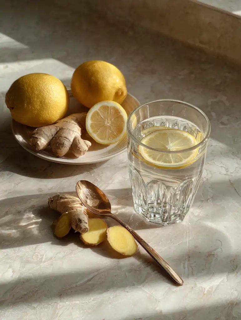 natural Mounjaro recipe ingredients including lemon ginger honey and water on marble surface