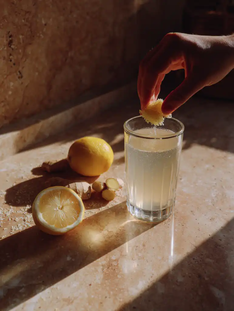 natural Mounjaro recipe step adding lemon and ginger into warm water