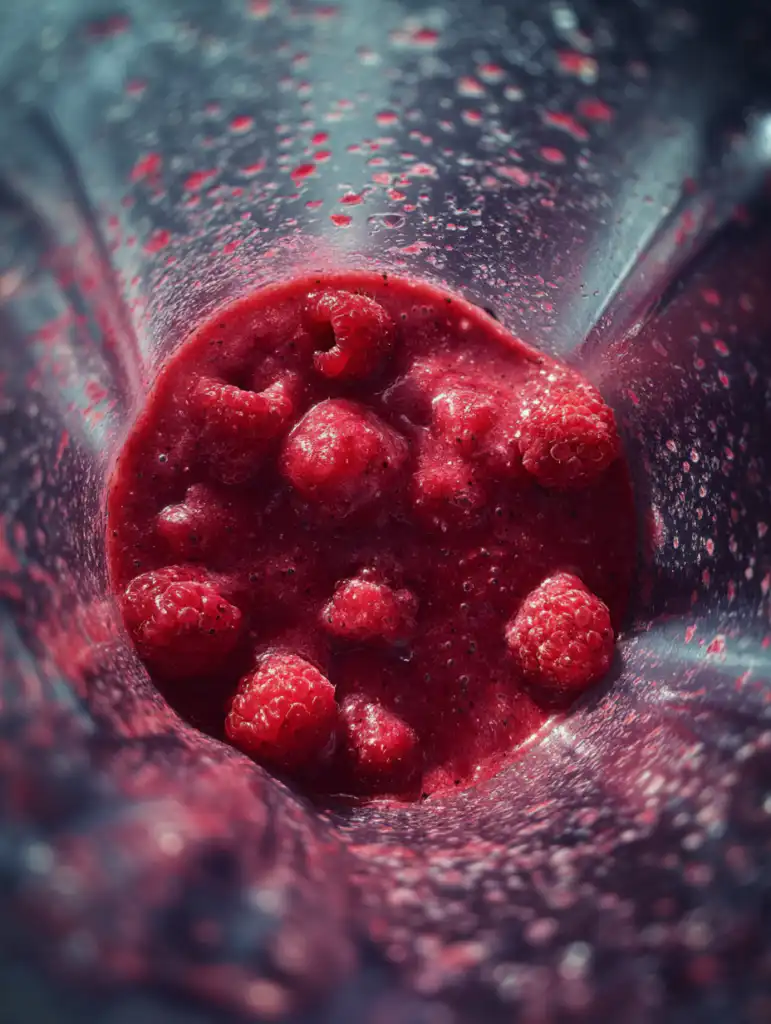 raspberry green tea smoothie blending raspberries and green tea in blender