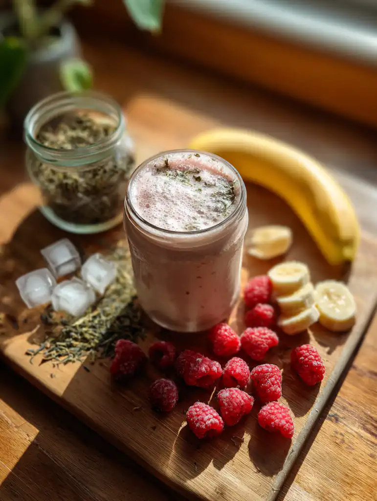 raspberry green tea smoothie ingredients including raspberries green tea banana and ice