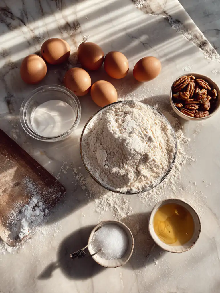 Resurrection cookies recipe ingredients including egg whites sugar pecans vanilla and vinegar on marble surface