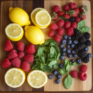 Fresh ingredients for Lemon Berry Detox Water, including lemon, mixed berries, and mint