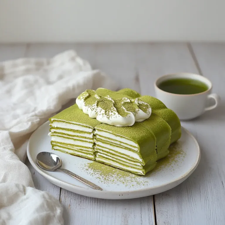 Sliced matcha crepe roll cake on a white plate, with delicate layers and a sprinkle of matcha powder, served with green tea