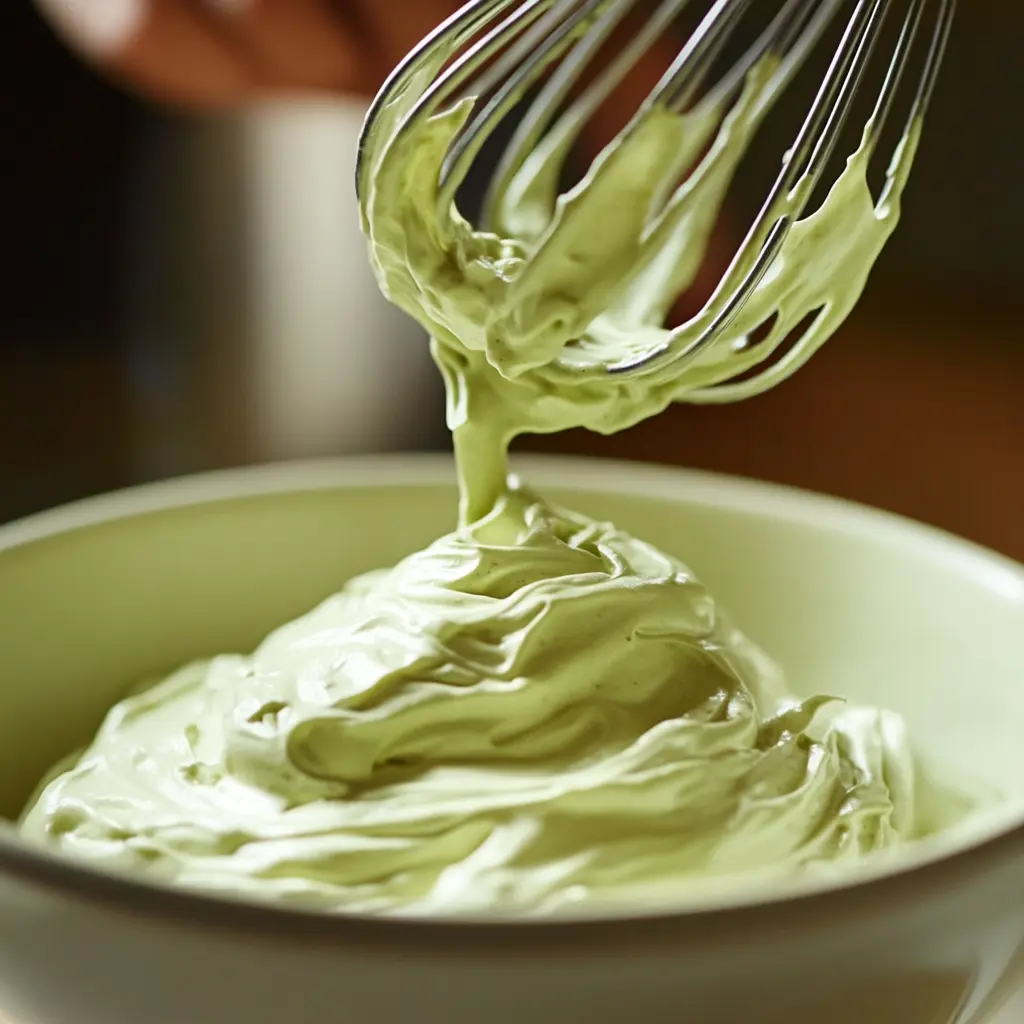 A bowl of creamy matcha filling being whipped with a hand mixer, showing a smooth texture