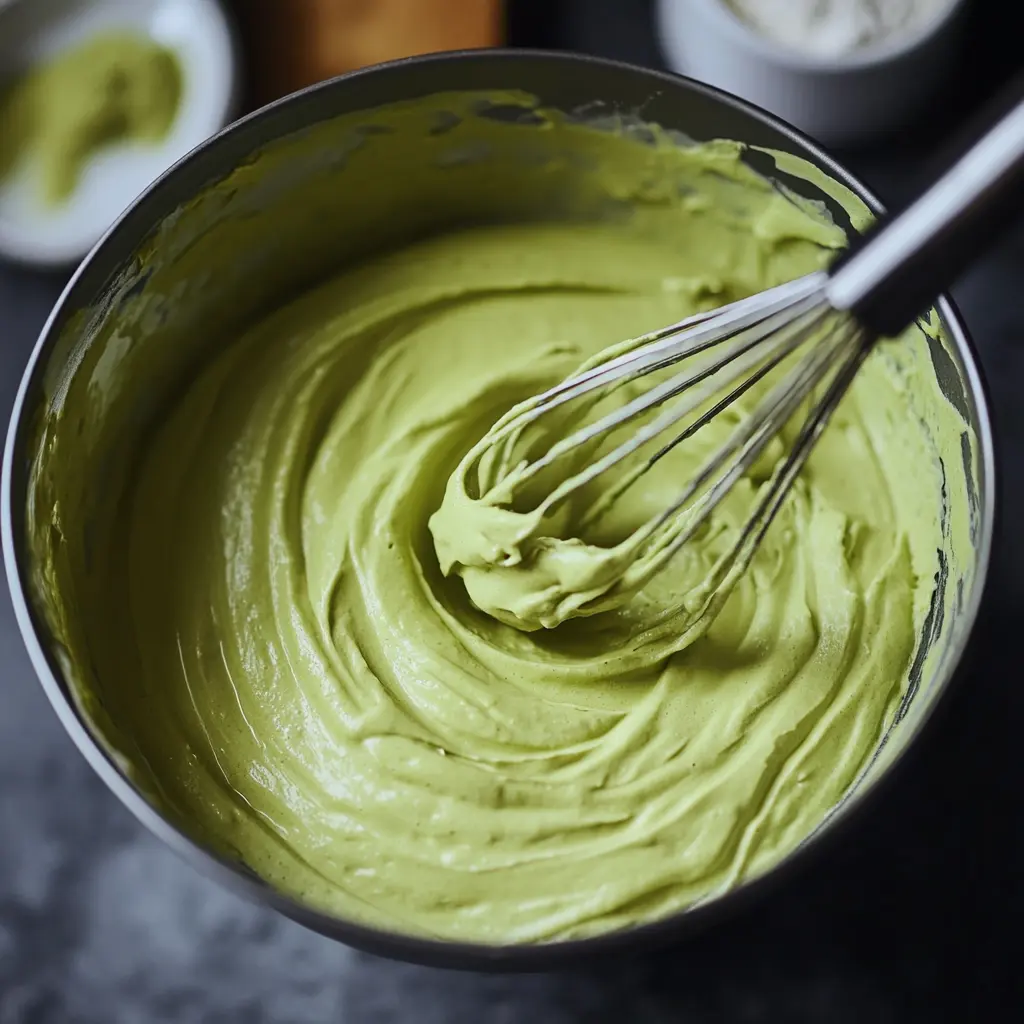 Flat lay of matcha crepe roll cake ingredients: matcha powder, eggs, flour, sugar, butter, and milk arranged on a clean white surface.