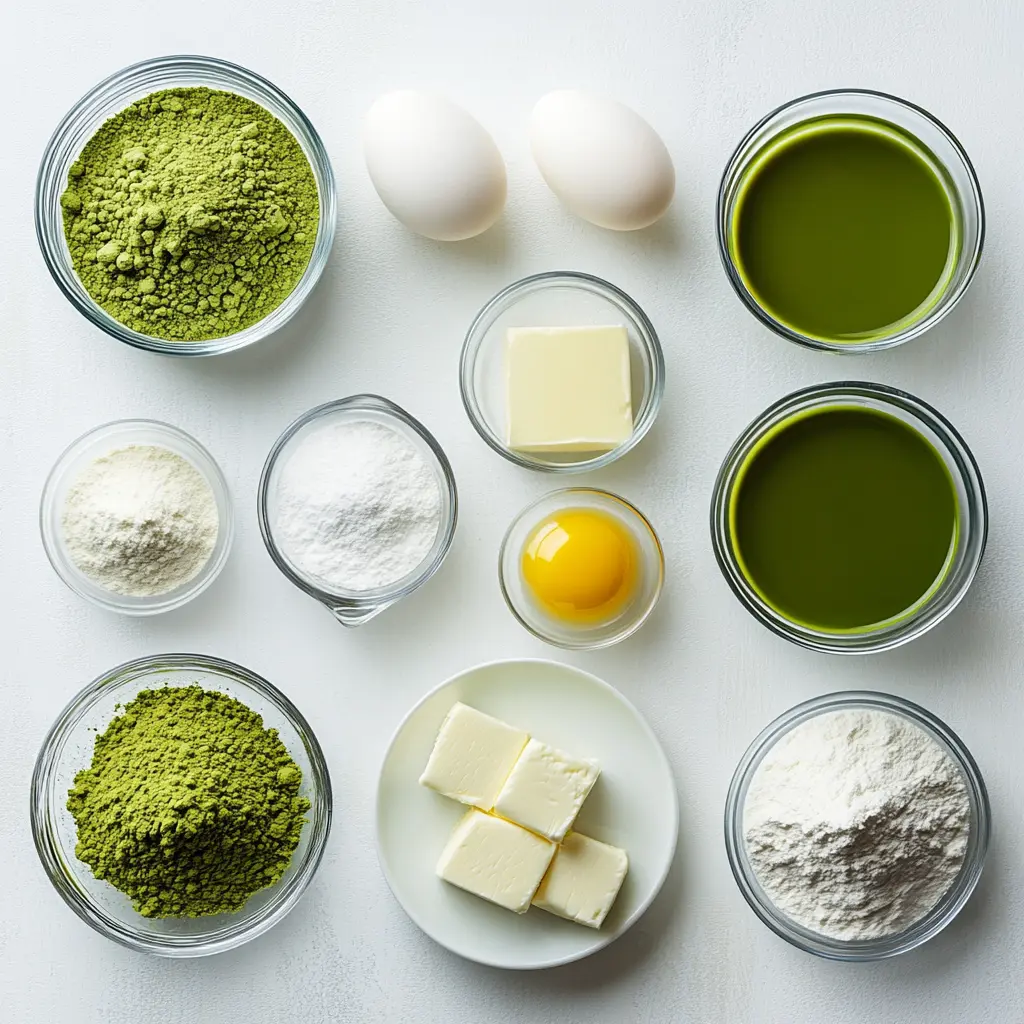 Flat lay of matcha crepe roll cake ingredients: matcha powder, eggs, flour, sugar, butter, and milk arranged on a clean white surface.