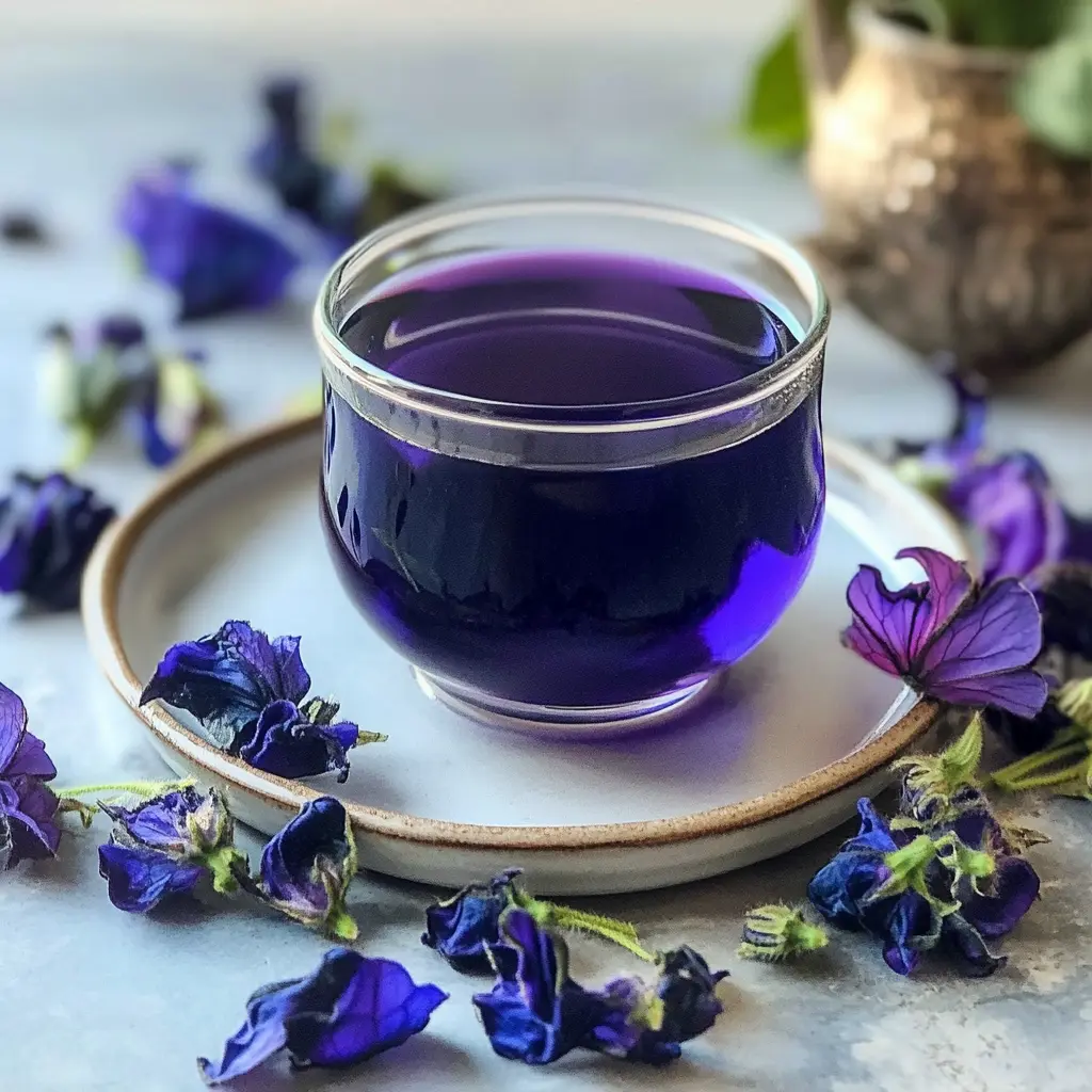 Iced Butterfly Pea Flower Tea with lemon slice and mint garnish.