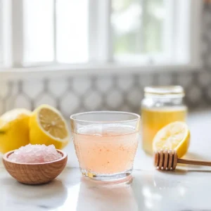 Pink salt trick 4 ingredients drink with Himalayan salt, lemon, honey, and water on countertop