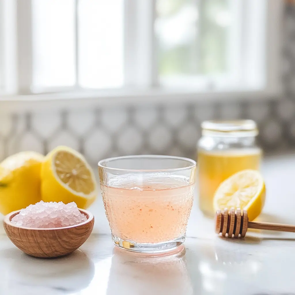 Pink salt trick 4 ingredients drink with Himalayan salt, lemon, honey, and water on countertop