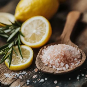 "A neat and clear recipe card for making a DIY salt trick mixture at home, with the ingredients and step-by-step instructions in a clean layout. Ensure a soft, rustic background to complement the recipe."