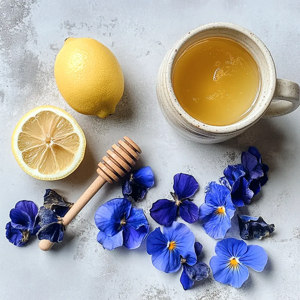Butterfly Pea Flower tea ingredients: dried flowers, lemon, honey, and water