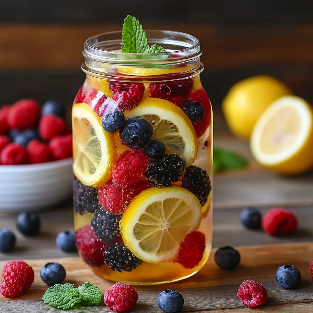 Mason jar filled with Lemon Berry Detox Water with lemon slices, fresh berries, and mint leaves
