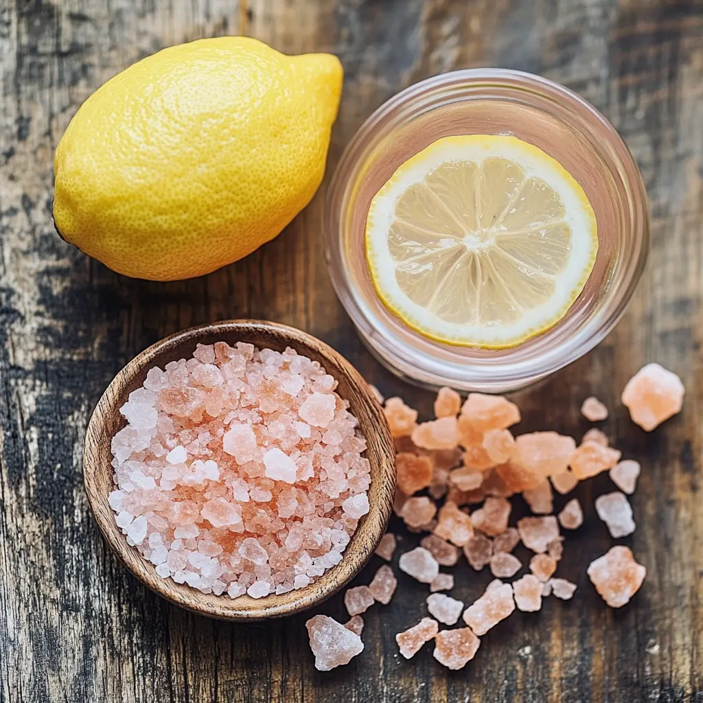 Ingredients for Himalayan Salt Flush including pink salt, lemon, and apple cider vinegar