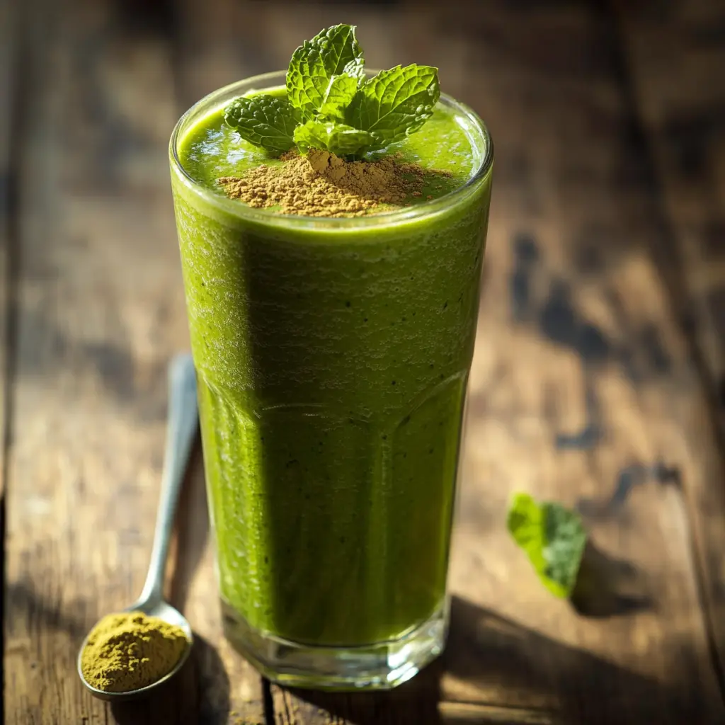 A matcha green tea smoothie served in a glass with a mint garnish, placed on a wooden table