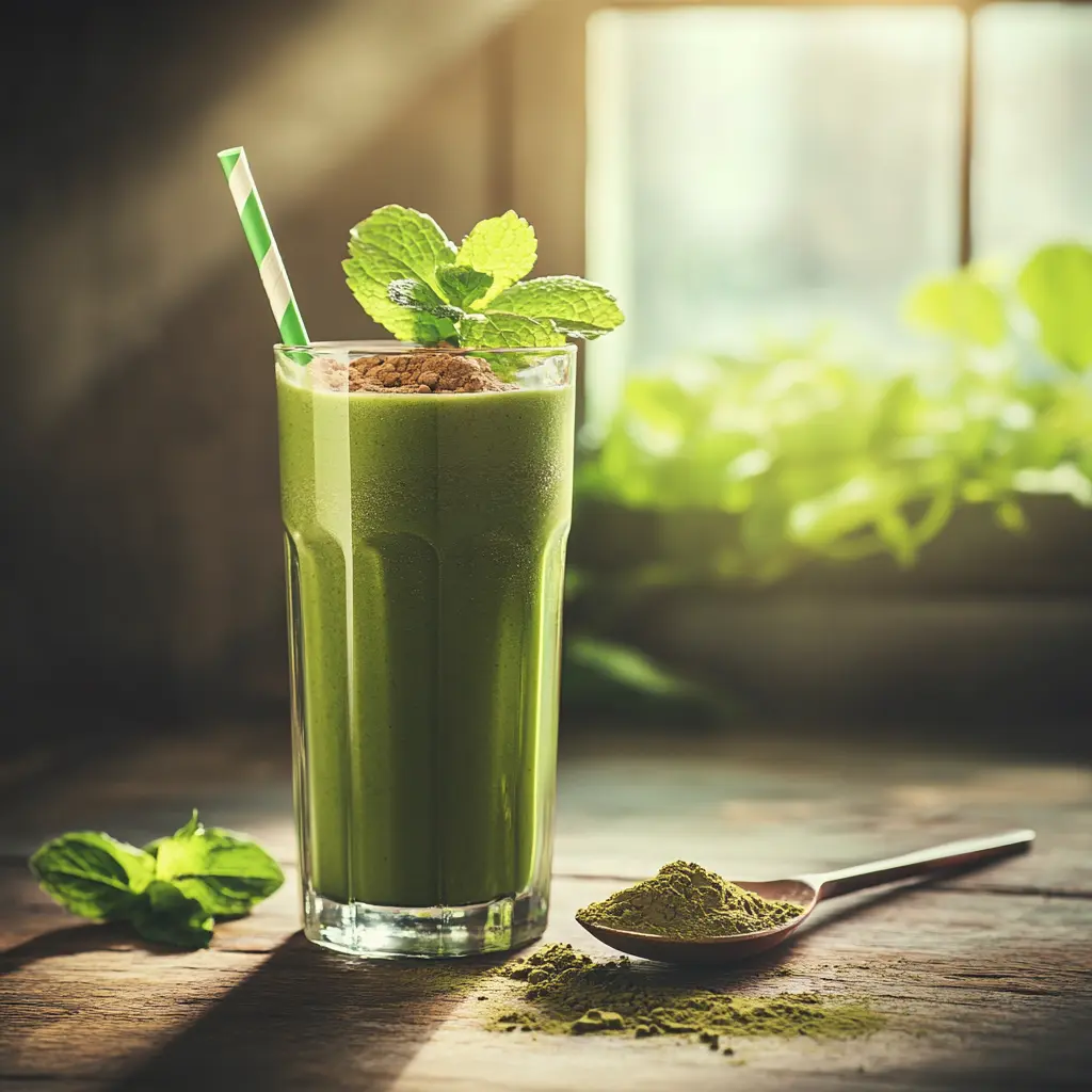 Matcha green tea smoothie in a glass surrounded by matcha powder, banana slices, and green leaves.