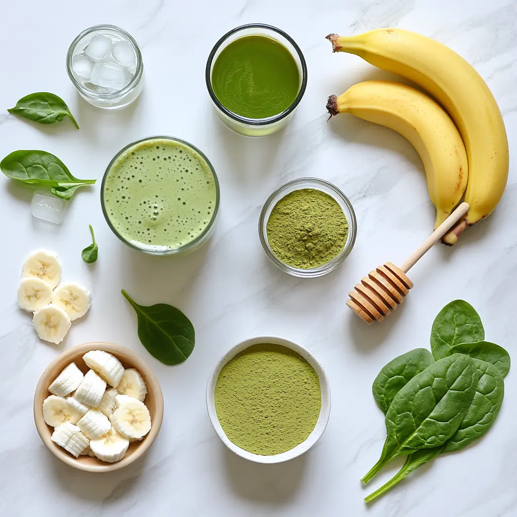 Ingredients for a matcha smoothie: matcha powder, banana, spinach, almond milk, Greek yogurt, honey, and ice