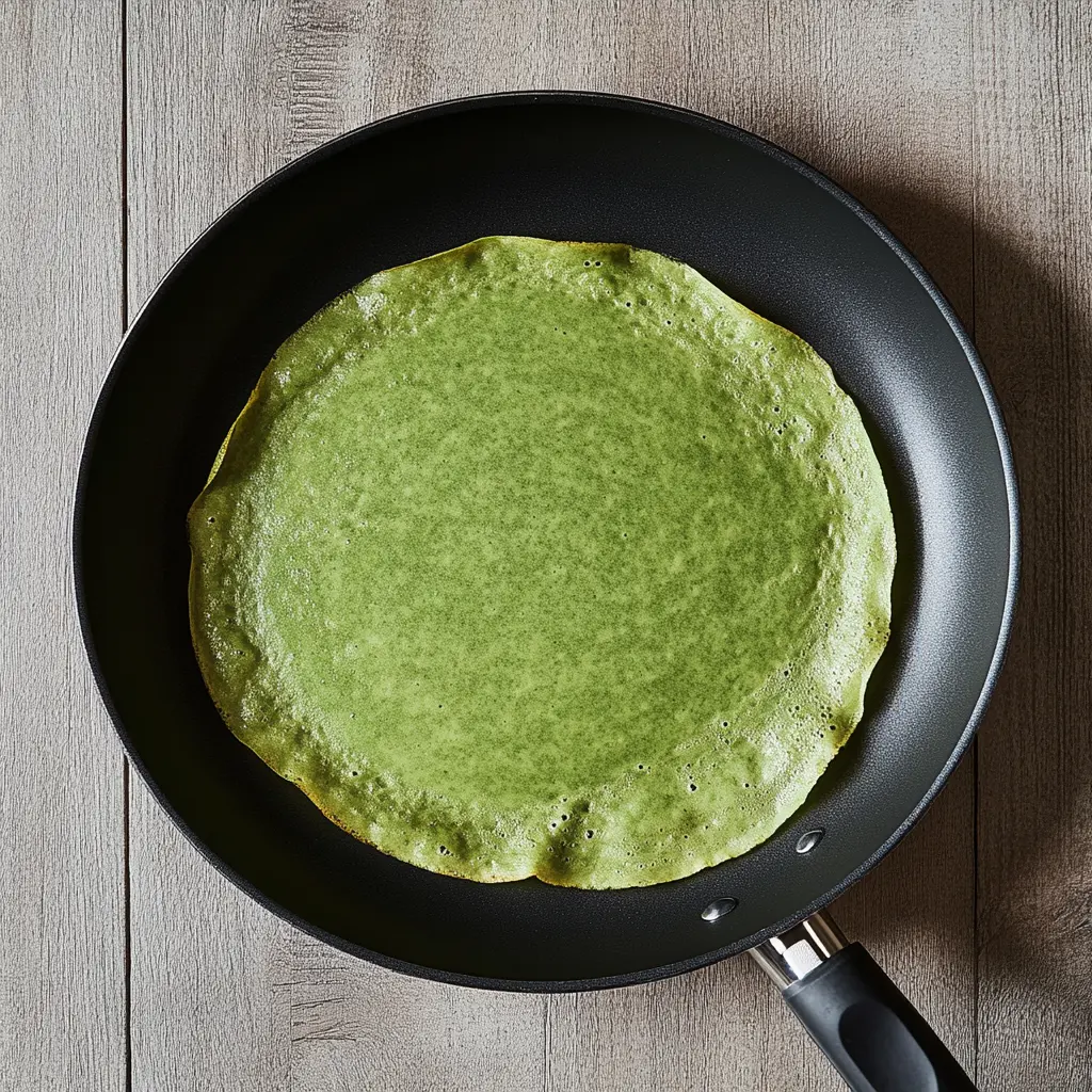 A non-stick pan with a thin green matcha crepe cooking, showing golden edges as it cooks on medium heat.