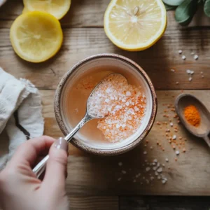 Stirring pink salt into warm water