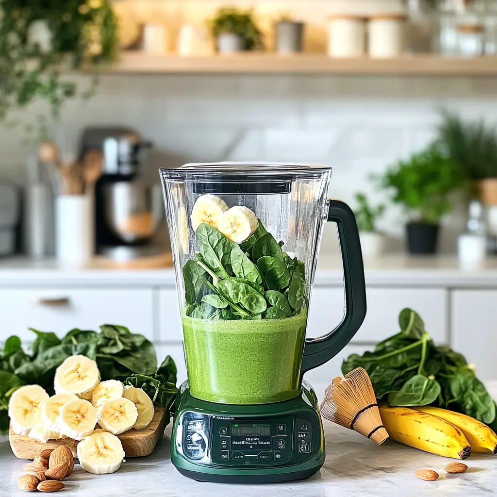 Blender blending ingredients for a matcha smoothie: banana, spinach, matcha powder, and almond milk