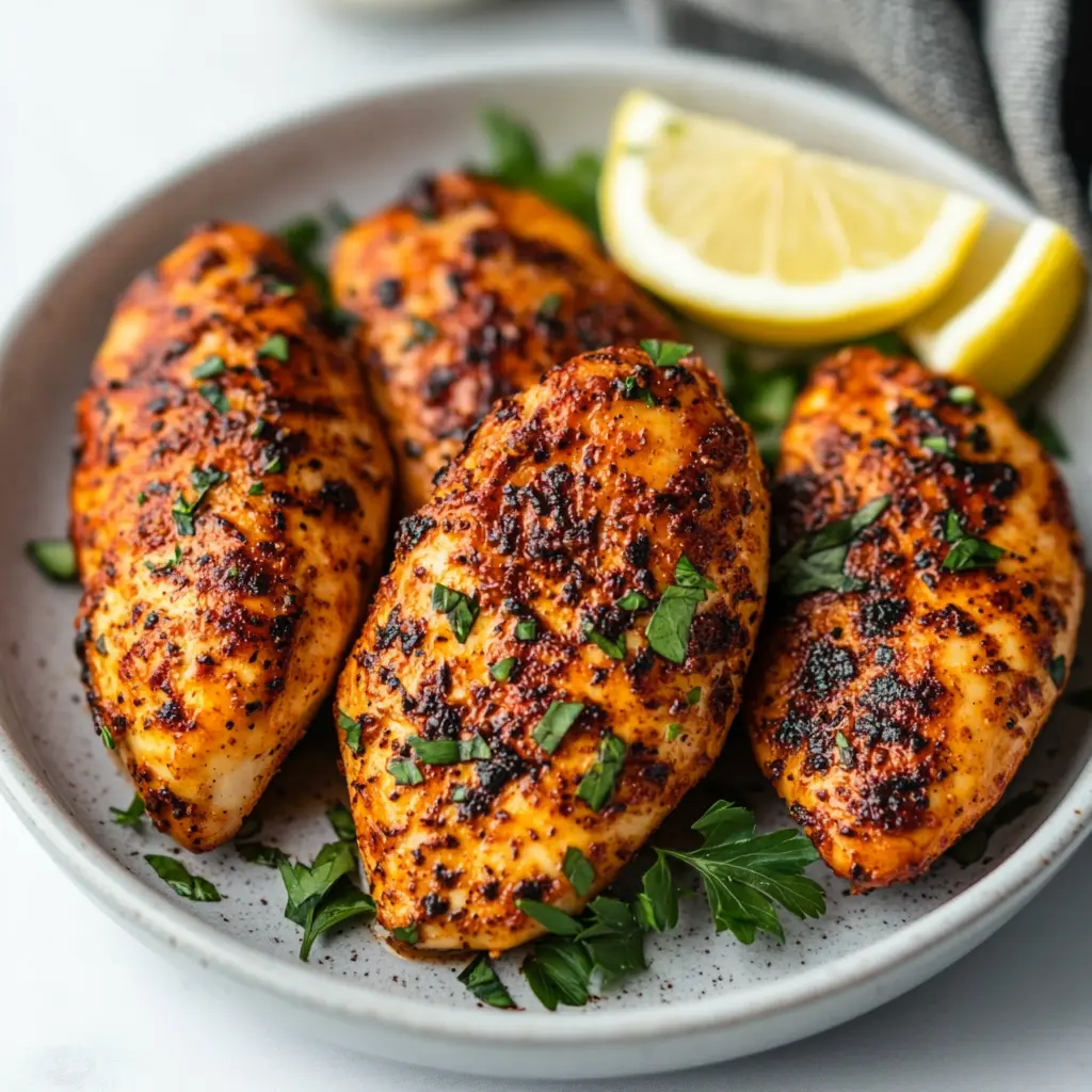 Air fryer chicken breasts with a crispy, seasoned exterior, garnished with parsley and served with lemon wedges.