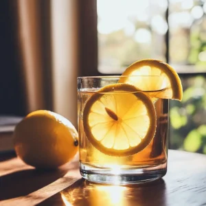 Apple cider vinegar detox drink in a clear glass with lemon and honey