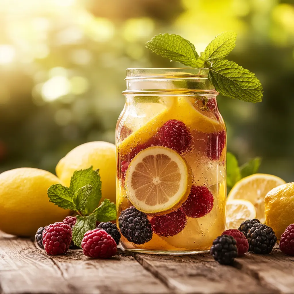 Chilled glass of Lemon Berry Detox Water with lemon slices, mint, and berries.