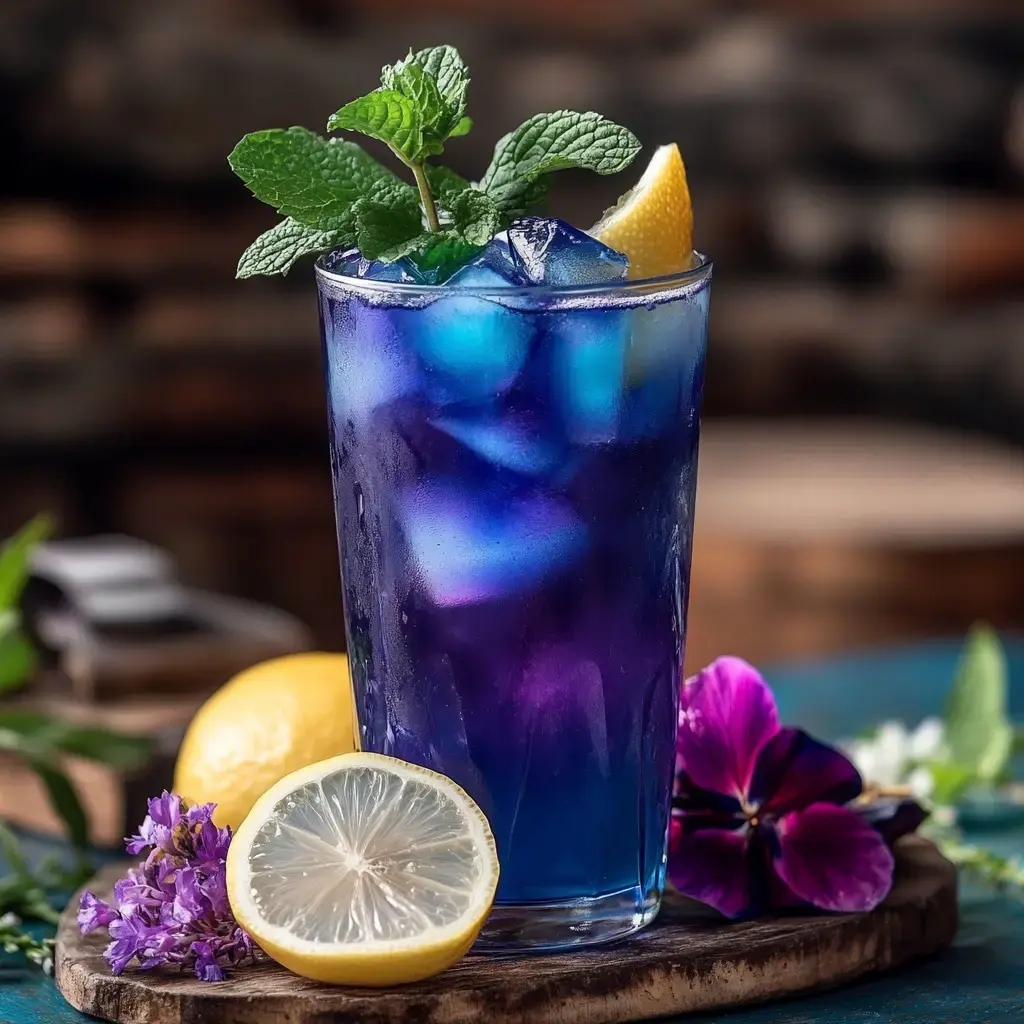 Vibrant blue cup of Butterfly Pea Flower Tea with fresh mint and lemon slices