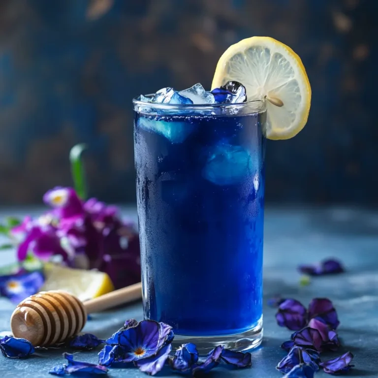 Glass of Butterfly Pea Flower Tea with lemon and honey
