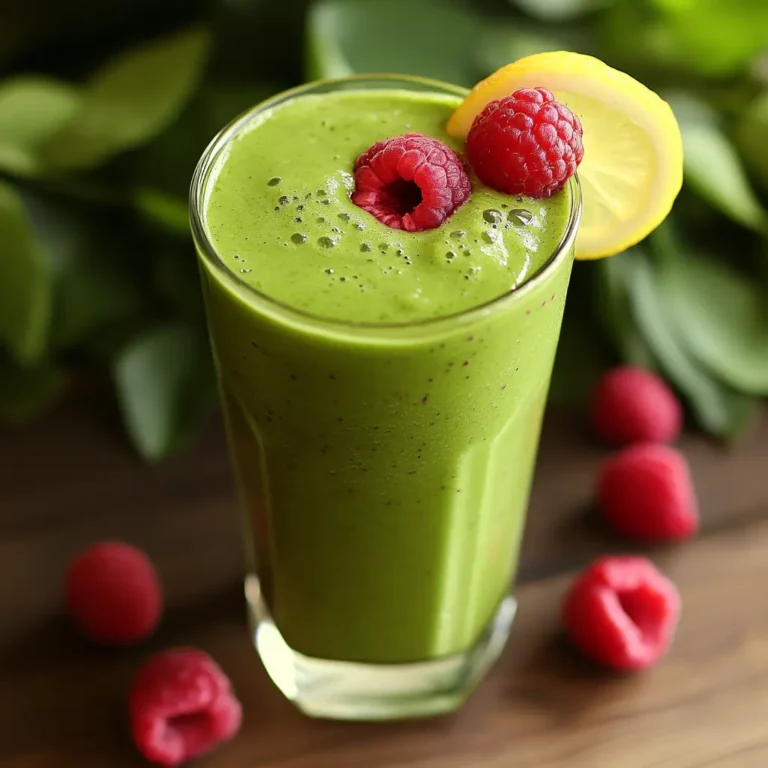 Raspberry green tea smoothie being poured into a glass with a raspberry garnish and lemon slice.