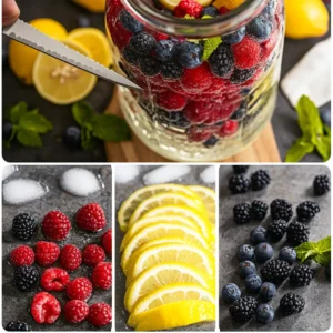 Step-by-step preparation of Lemon Berry Detox Water with lemon slices, berries, and mint