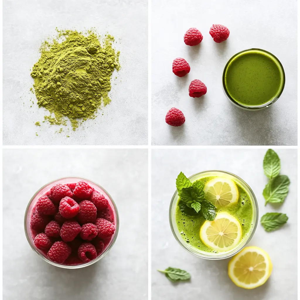 Step-by-step preparation of raspberry green tea smoothie with matcha powder and raspberries.