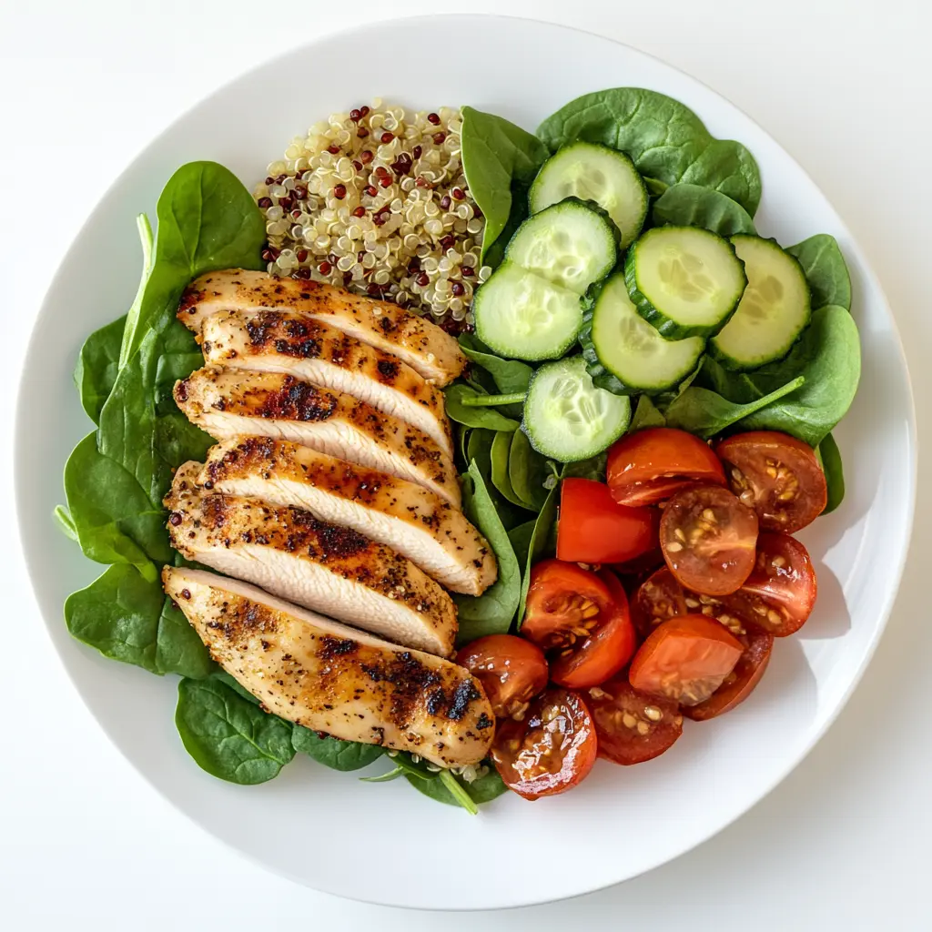A close-up shot of a healthy, vibrant meal featuring a perfectly grilled salmon fillet, resting on a bed of quinoa with a mix of colorful roasted vegetables like broccoli, bell peppers, and carrots. The dish should appear fresh and visually appealing with the salmon topped with a sprinkle of fresh herbs. The background should be softly blurred, giving focus to the healthy meal.