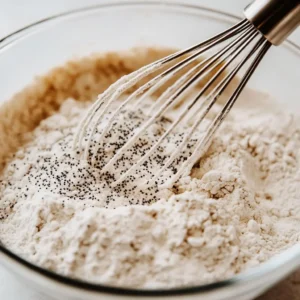 Mixing dry ingredients for lemon poppyseed protein pancakes