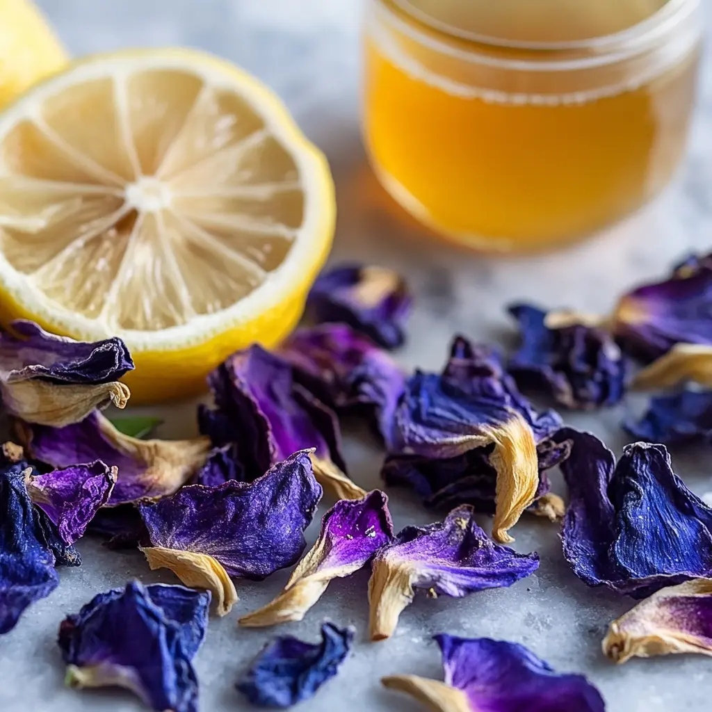 Dried Butterfly Pea flowers with mint leaves and lemon slice