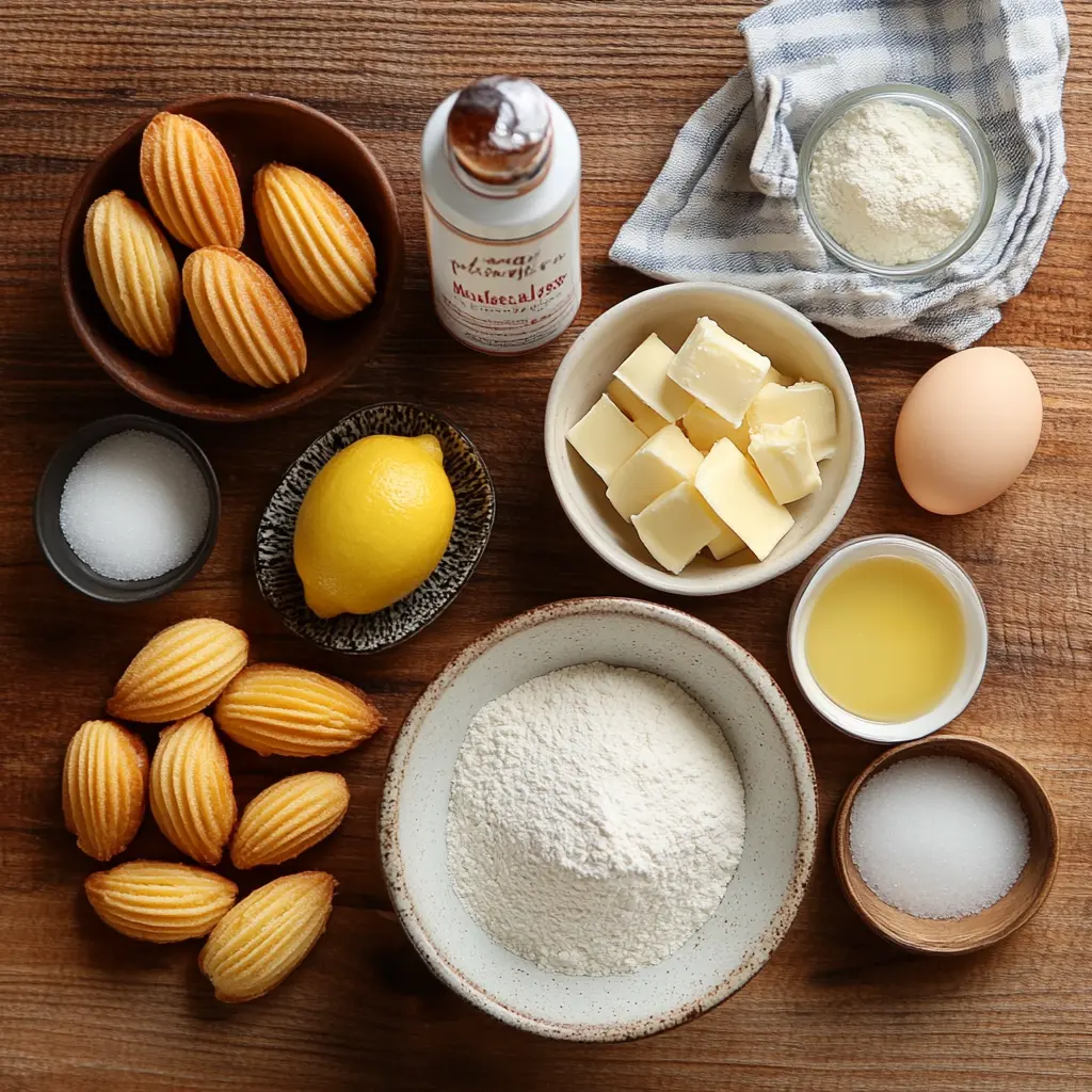 Ingredients for Madeleine cookies, including eggs, butter, lemon zest, flour, and sugar arranged neatly on a wooden surface.