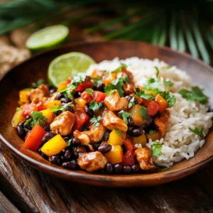 Brazilian Mounjaro Dish with rice, black beans, chicken, bell peppers, and lime garnish.