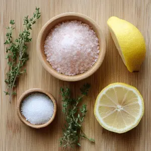 Pink Himalayan salt, baking soda, lemon juice, and herbs used in the salt trick