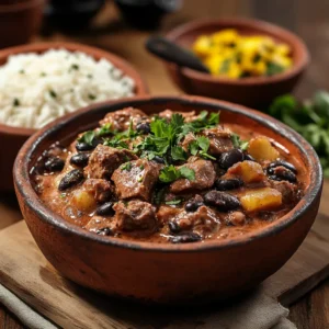 Brazilian Mounjaro stew with black beans, beef, pork, and rice