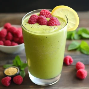 Raspberry green tea smoothie in a clear glass garnished with raspberries and lemon