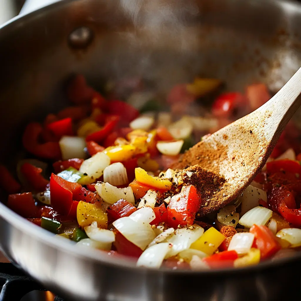 Adding spices and sautéing vegetables for Brazilian Mounjaro.
