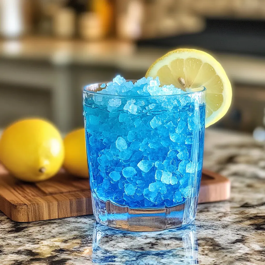 Blue salt trick drink in a clear glass with lemon slices