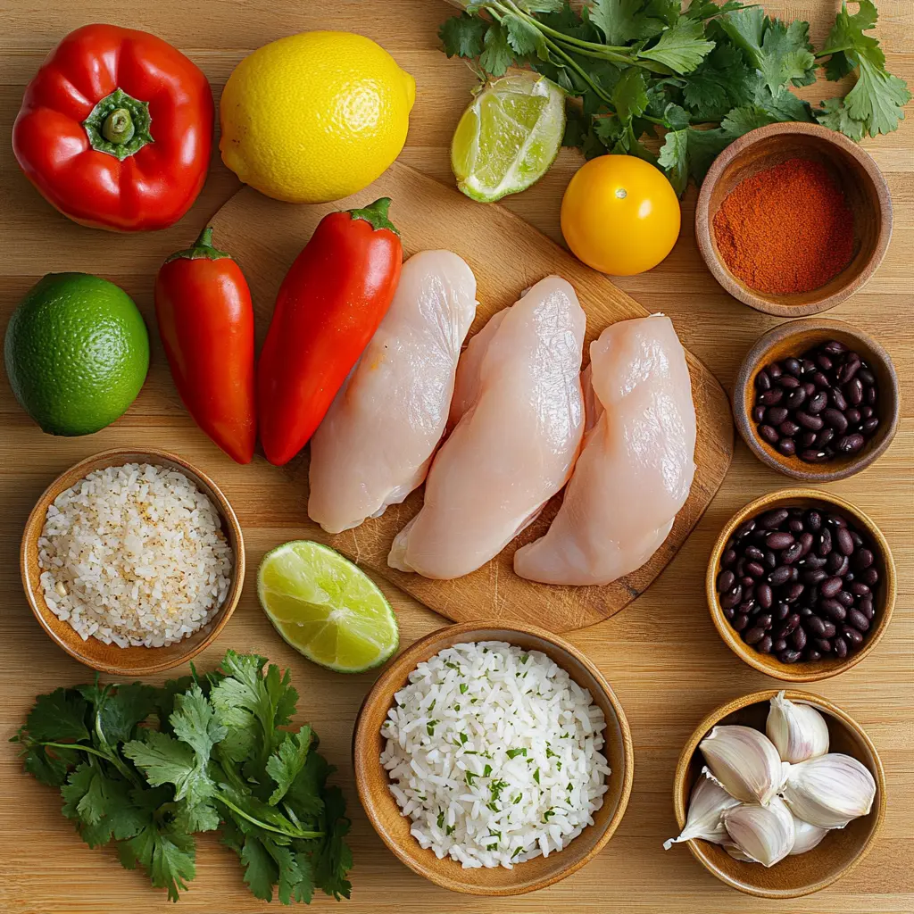 Fresh ingredients for Brazilian Mounjaro including chicken, rice, black beans, vegetables, and spices.