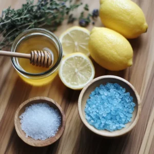 Key ingredients in the Blue Salt Trick: blue salt, honey, lemon juice, and water