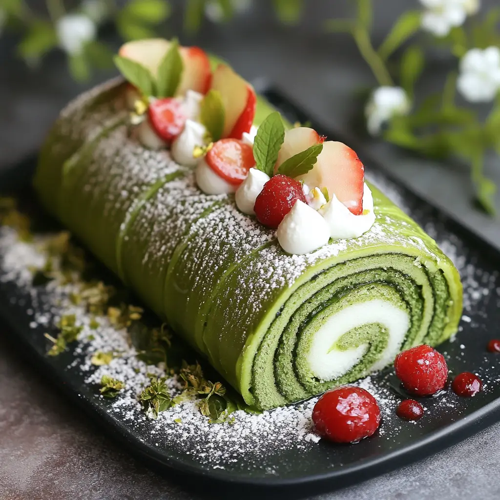 Matcha crepe roll cake sliced to reveal green layers and creamy filling on a wooden surface, with matcha powder and a cup of green tea beside it.