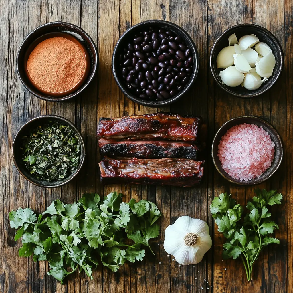 Display the final plated Brazilian Mounjaro dish, with beef, pork, black beans, and herbs garnished on top. The stew should be served alongside rice and farofa on a wooden platter, ready to be enjoyed.