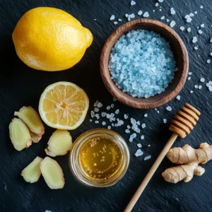 Key ingredients for blue salt trick for men including blue salt, lemon, honey, and ginger