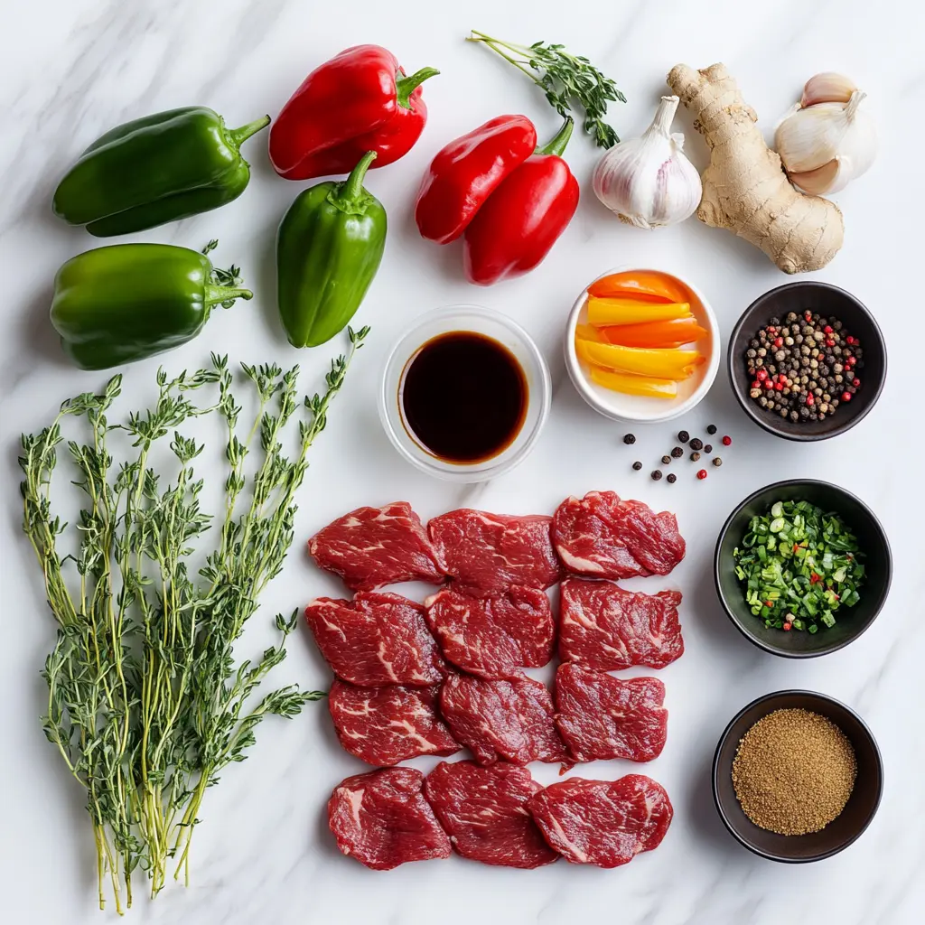 Ingredients for Jamaican Peppered Steak with Scotch bonnet and spices