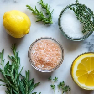 Natural ingredients used in the salt trick: Pink Himalayan salt, baking soda, lemon juice, and fresh herbs