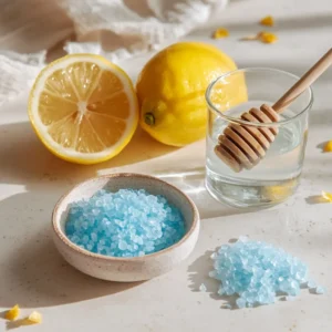 Blue Salt Trick ingredients for natural health: blue salt, honey, lemon, and water