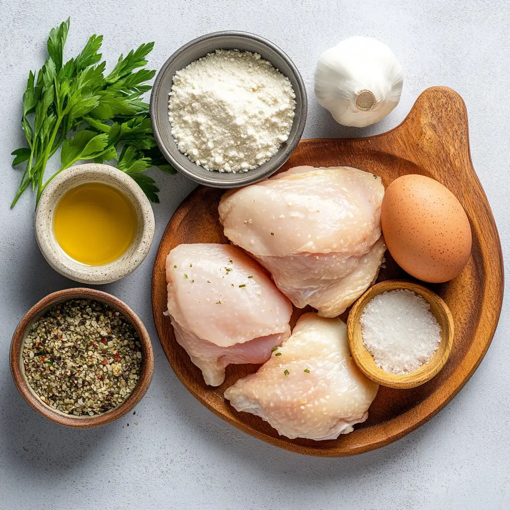 Ingredients for Easy Baked Ranch Chicken: chicken thighs, ranch seasoning mix, breadcrumbs, garlic powder, and olive oil